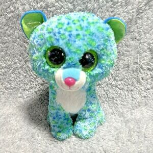 Ty Beanie Boo Leona Leopard Plush 9" Blue Green Big Eyes Stuffed Animal Toy